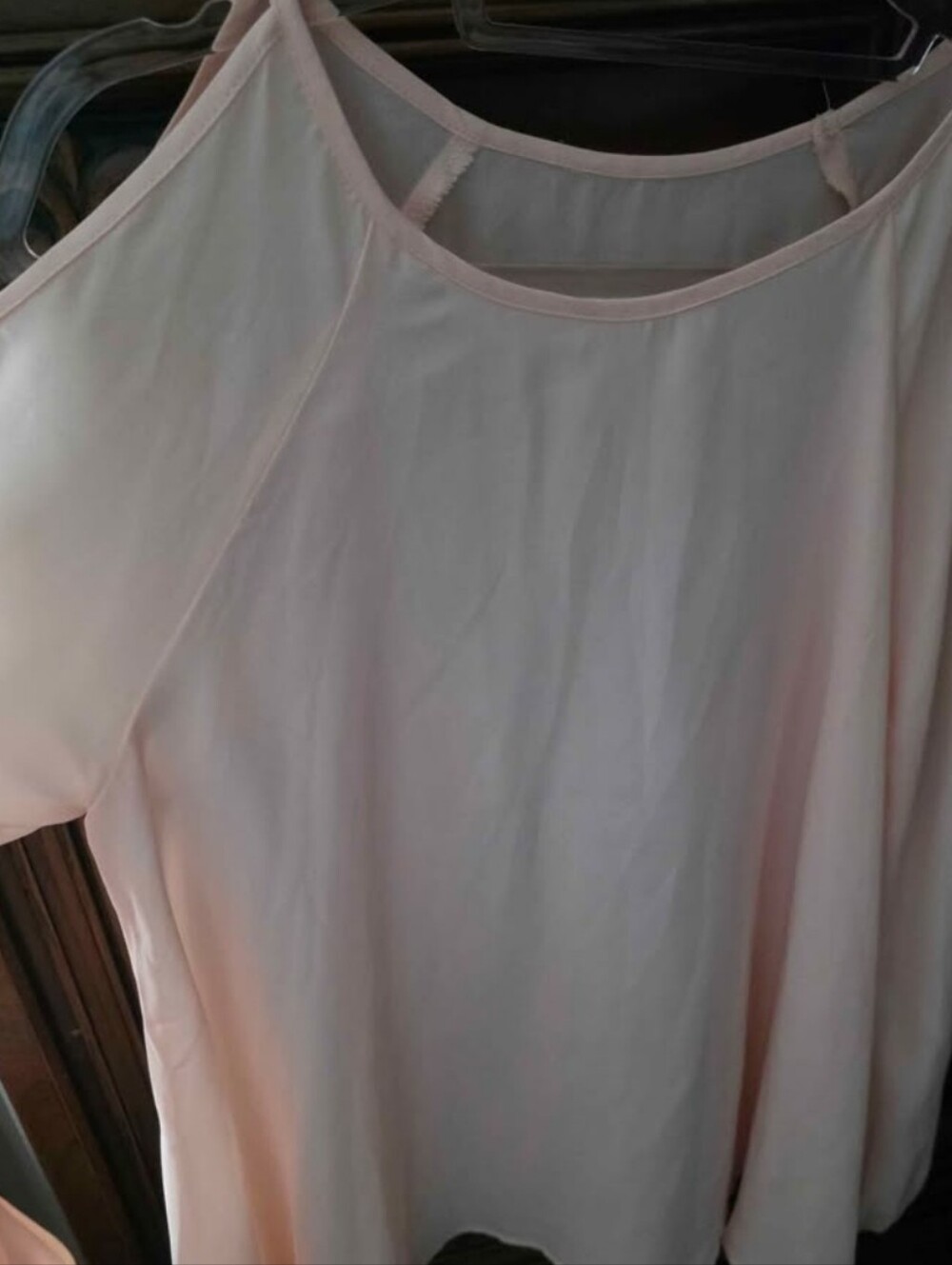 Light Peach Sheer Blouse Top, Open Shoulder, Elastic Sleeve. - Picture 2 of 7